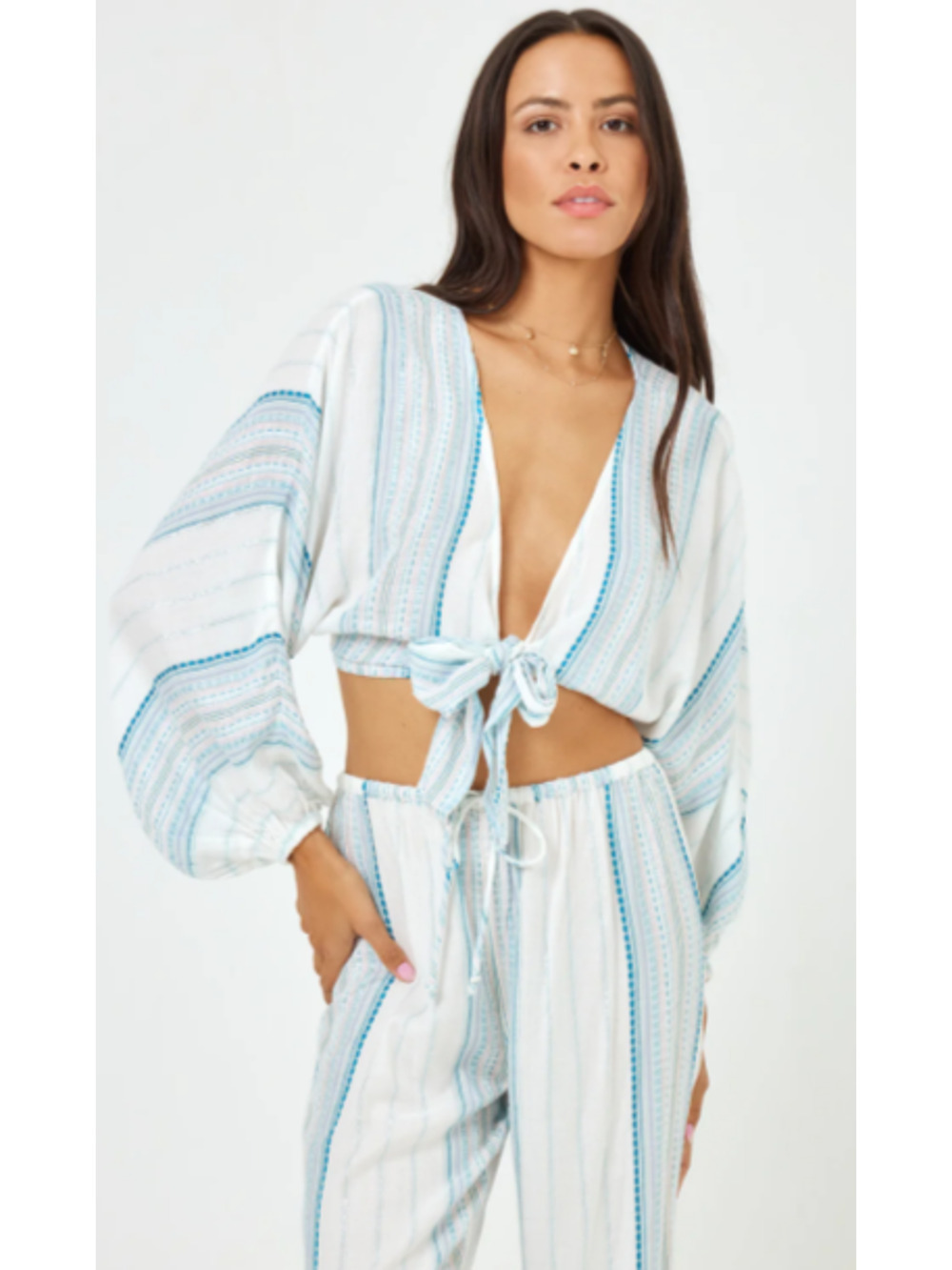 LSPACE White/Blue Tie-Front Balloon Sleeve Crop Top Boho Size Small 2-8 NEW